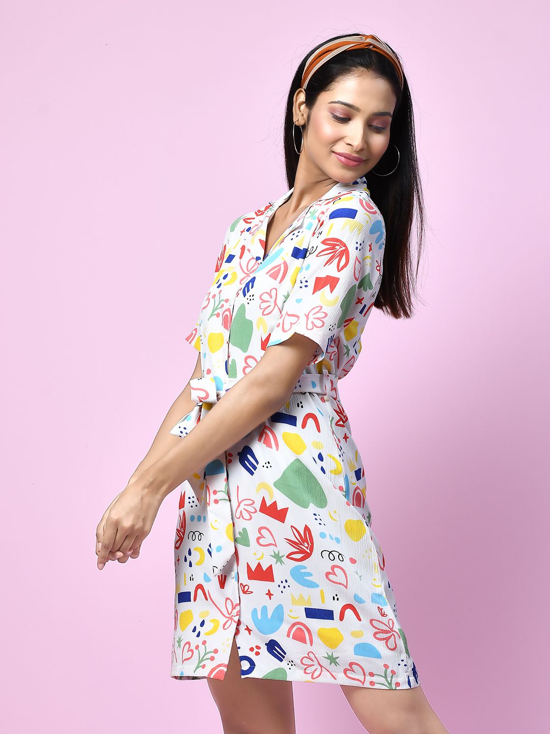 Zink London Women's White Quirky Prints Shirt-Styled Short Dress - D06000 - 3