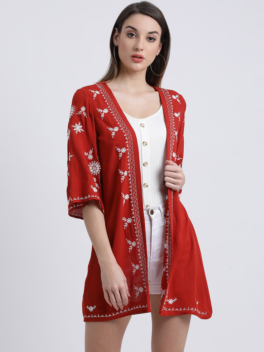 Red Embroidered Open-Front Shrug