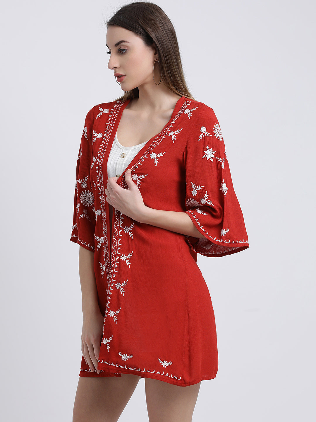 Red Embroidered Open-Front Shrug