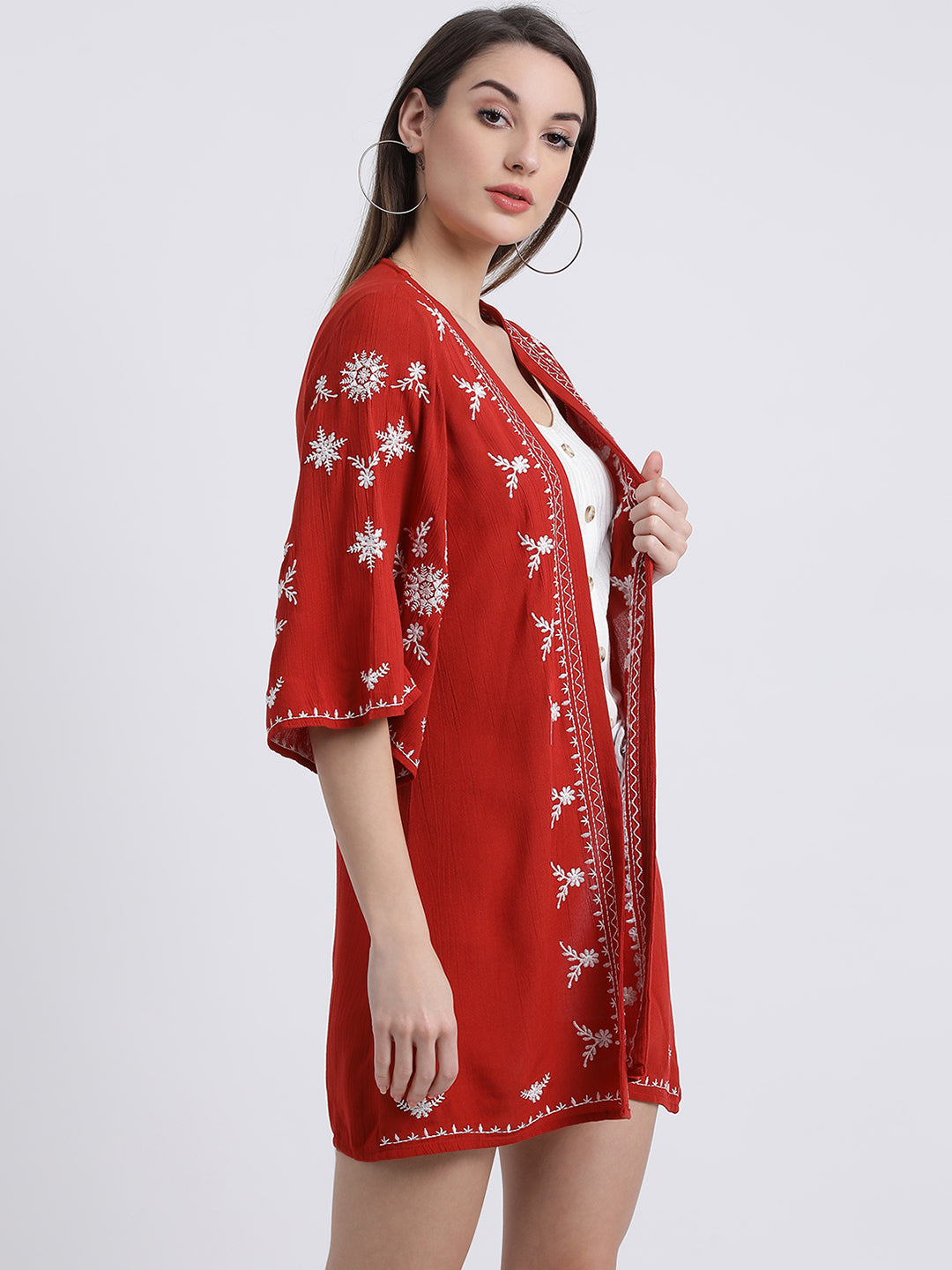 Red Embroidered Open-Front Shrug