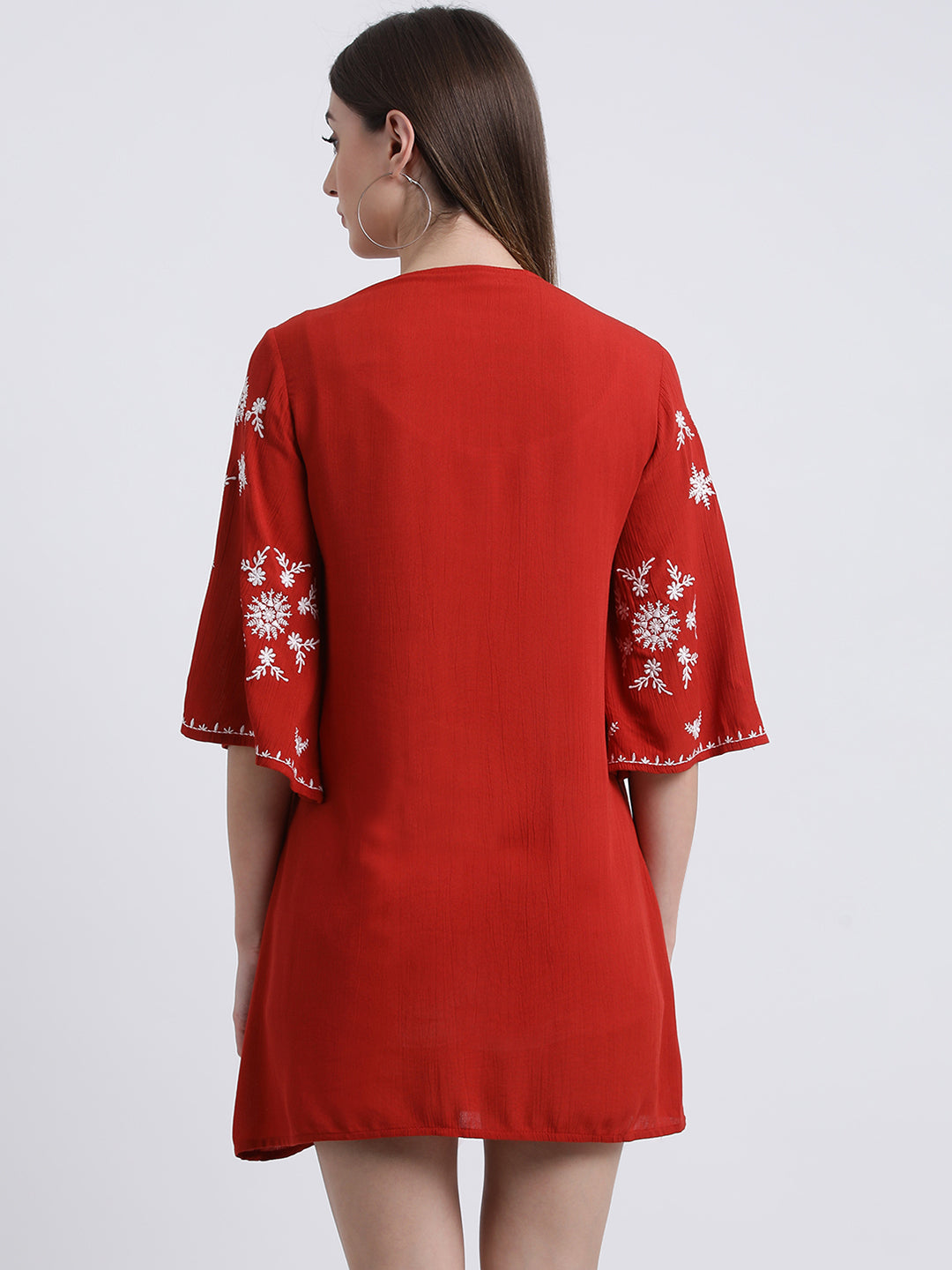 Red Embroidered Open-Front Shrug