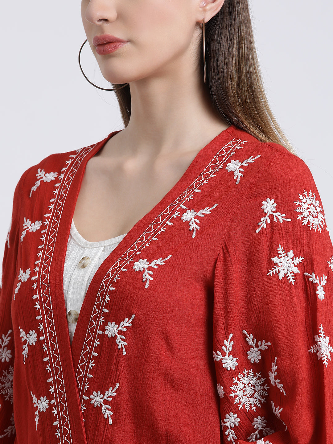 Red Embroidered Open-Front Shrug