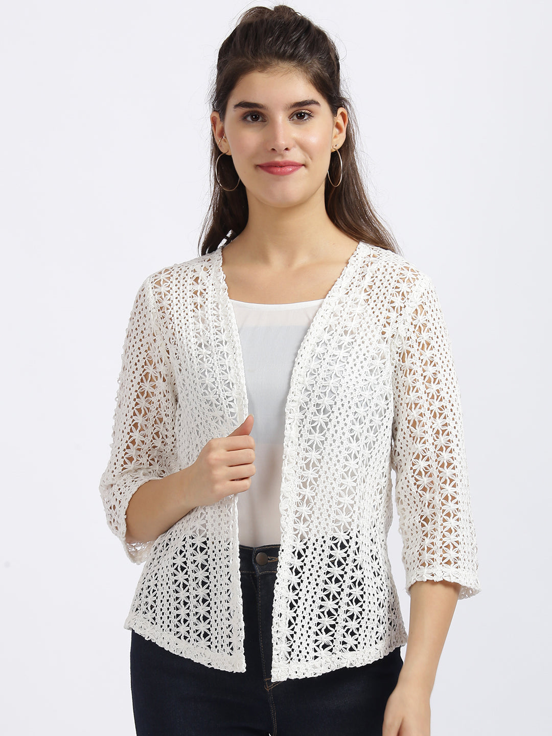 White Embroidered Regular Shrug