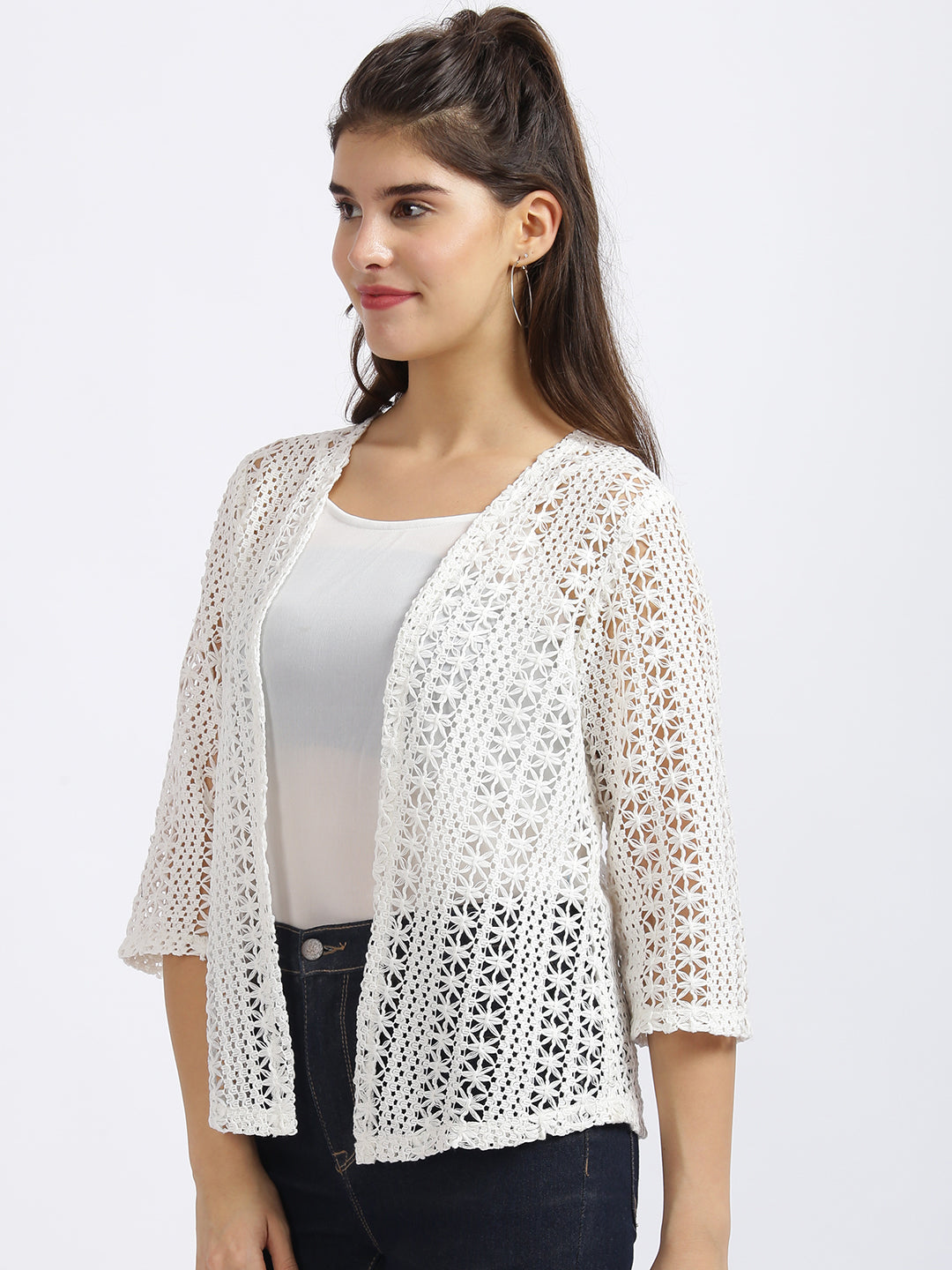 White Embroidered Regular Shrug