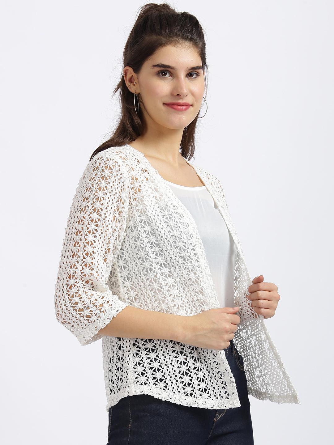 White Embroidered Regular Shrug