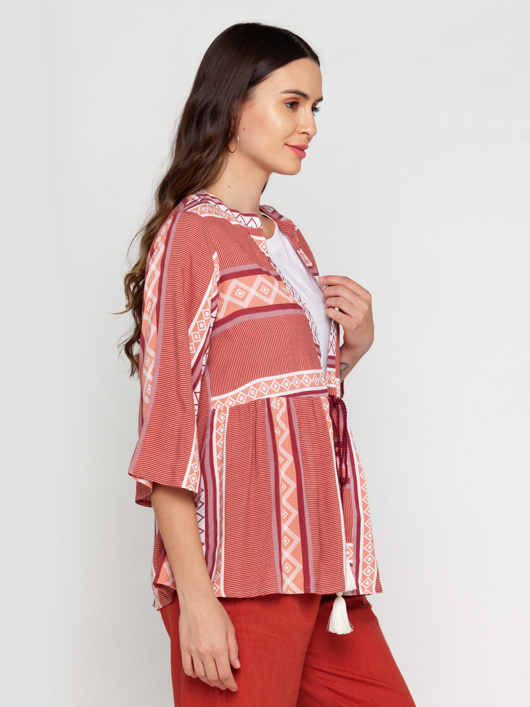 Off White Printed Tie-Up Shrug For Women