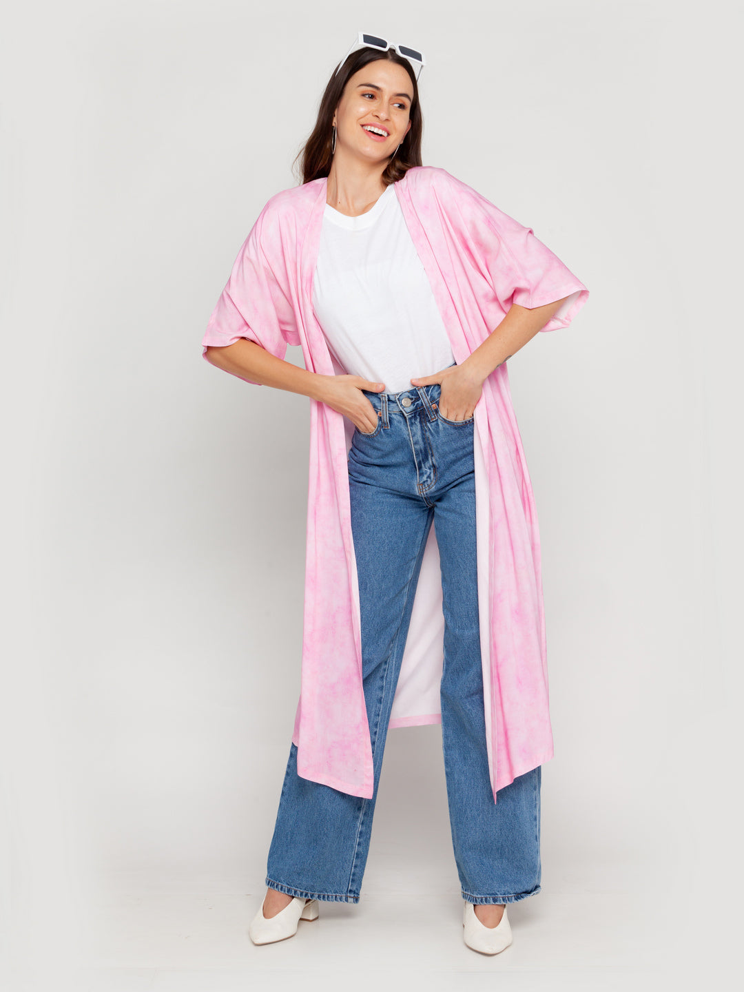 Pink Printed Flared Sleeve Shrug