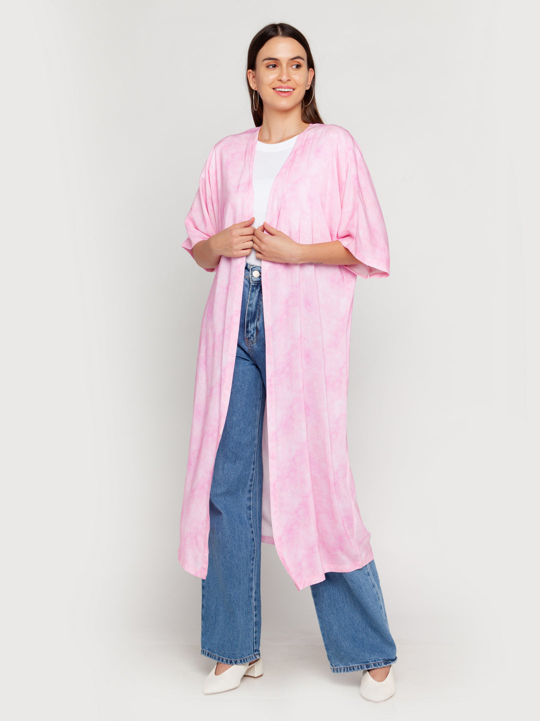 Pink Printed Flared Sleeve Shrug For Women