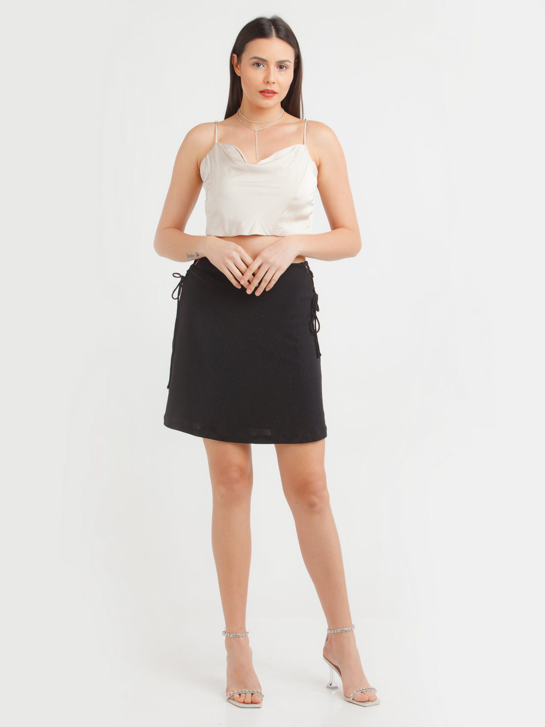 Black Shimmer Tie-Up Skirt For Women