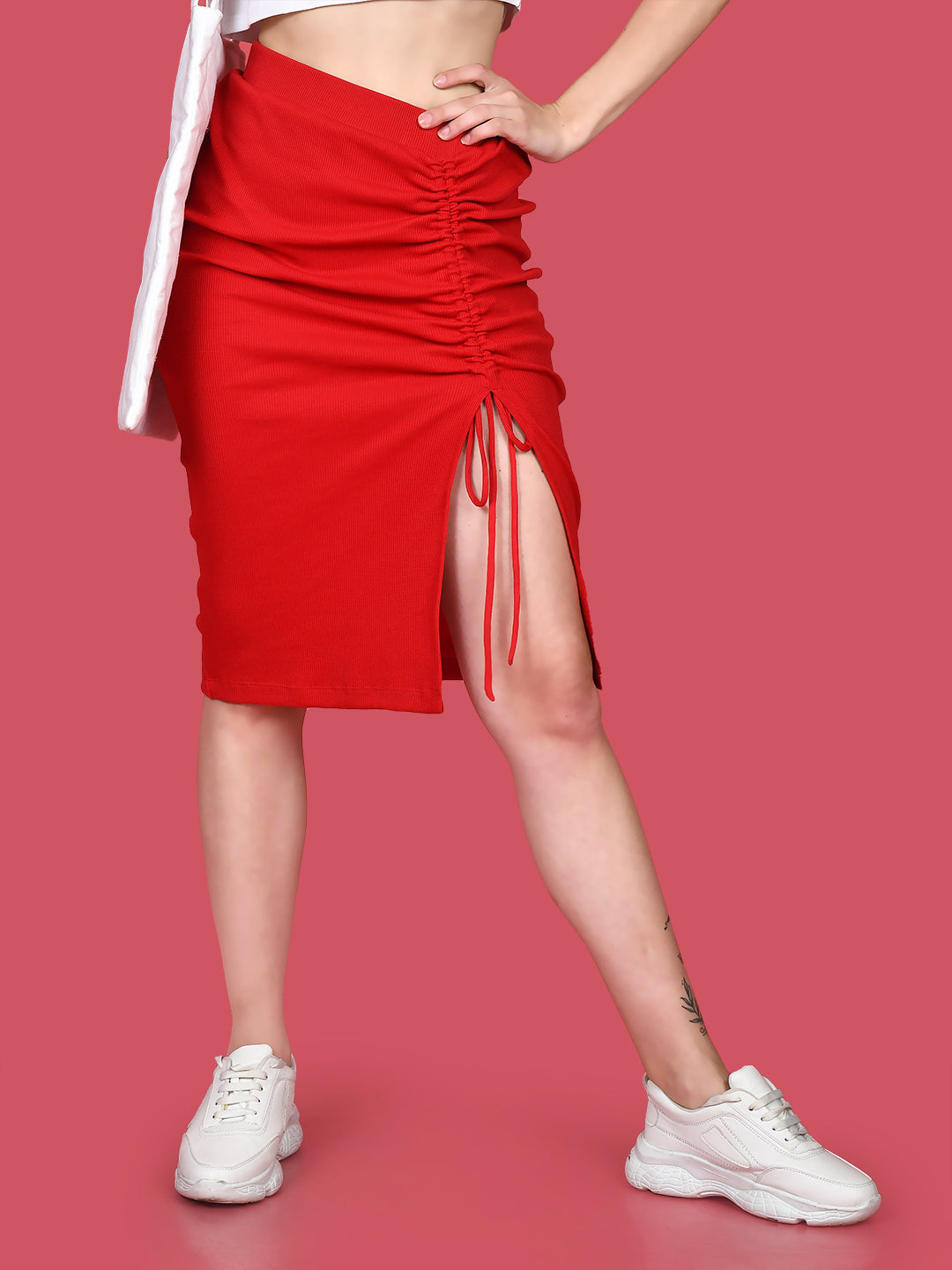 Red Solid Ruched Skirt