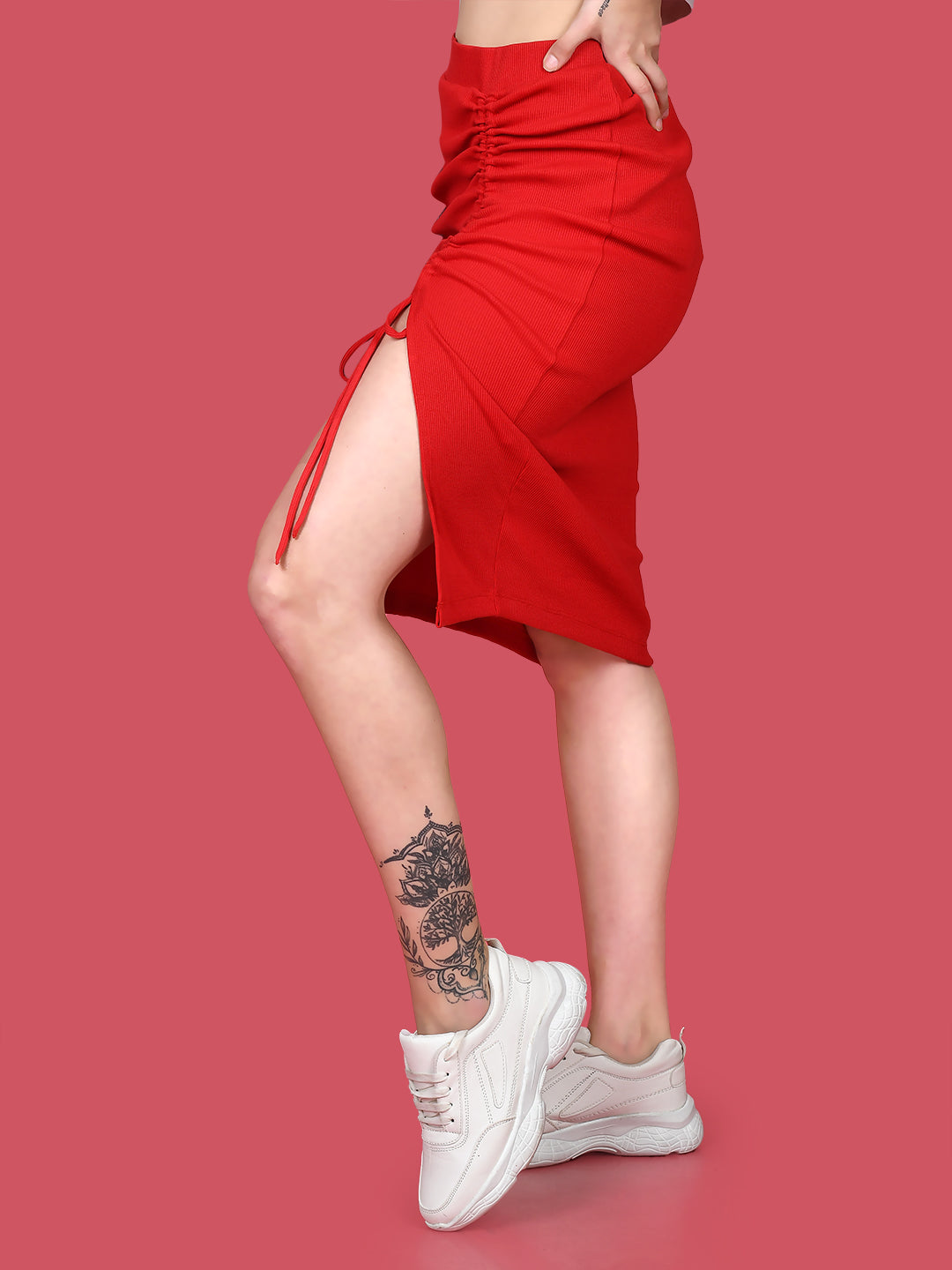 Red Solid Ruched Skirt For Women