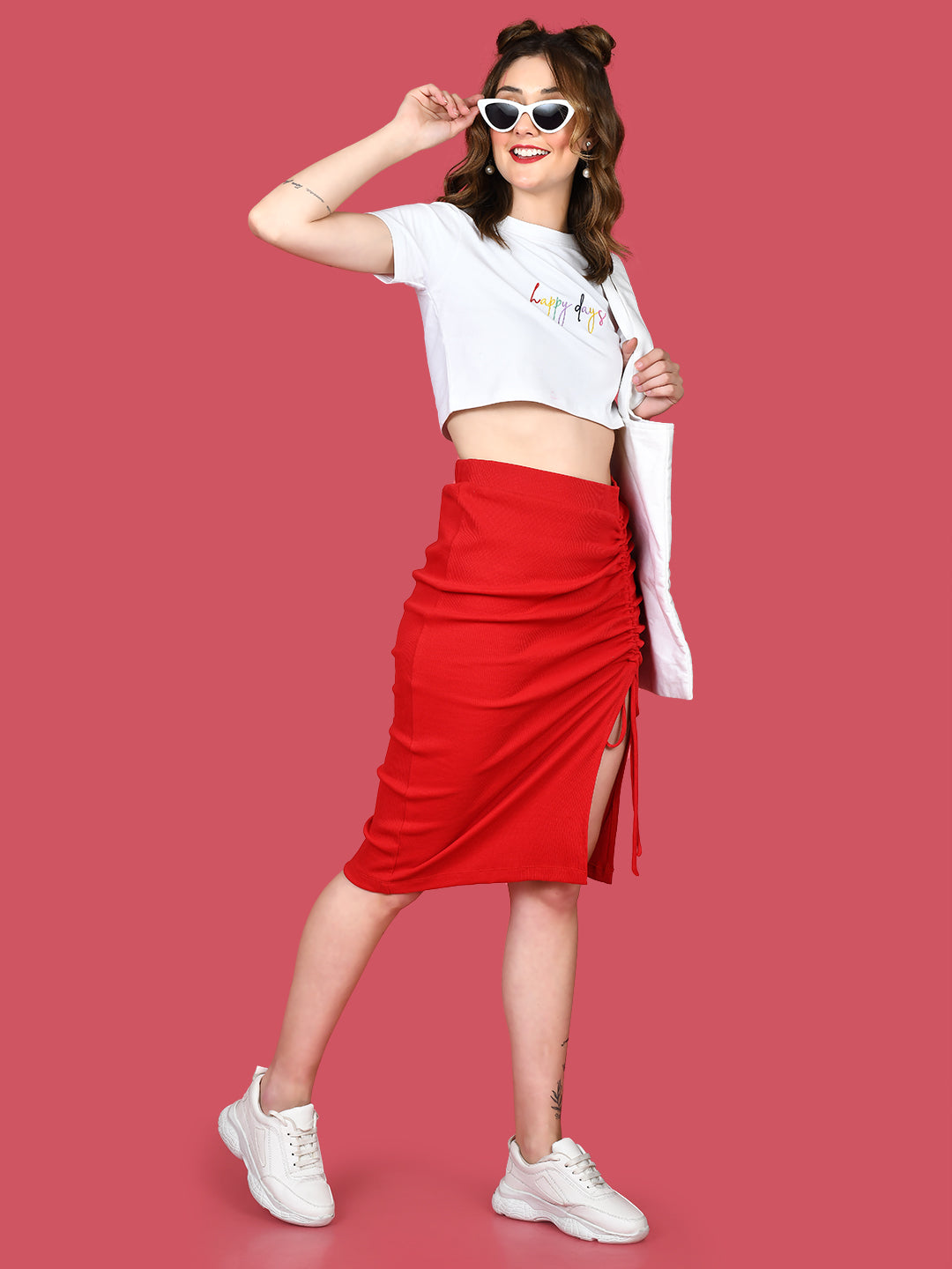 Red Solid Ruched Skirt For Women