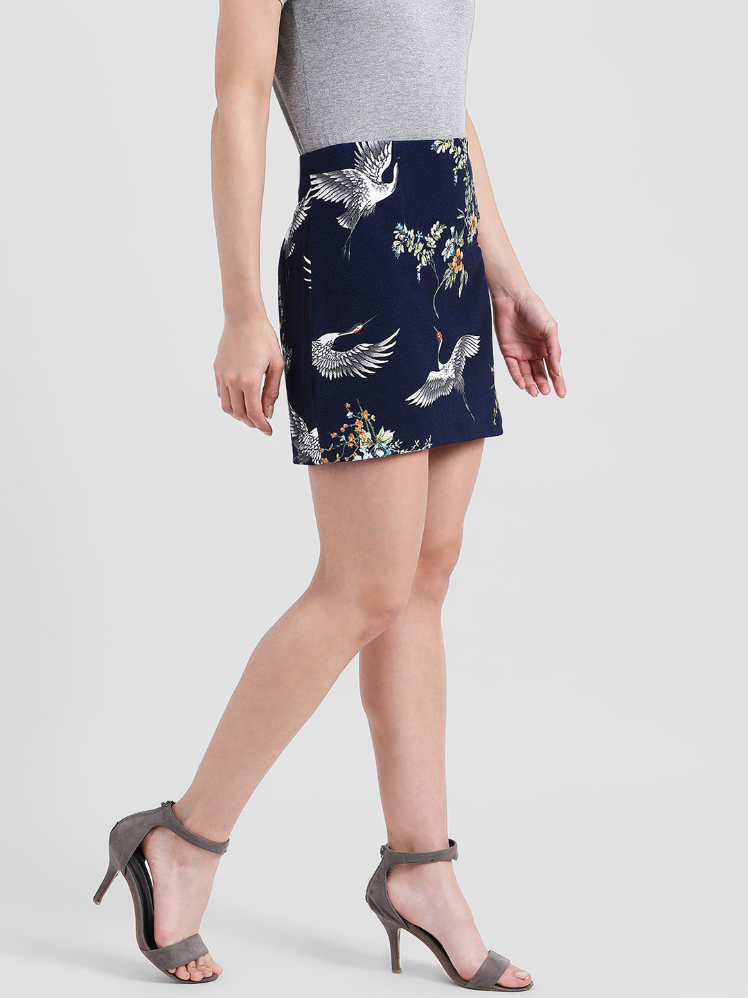 Navy Blue Printed Straight Skirt