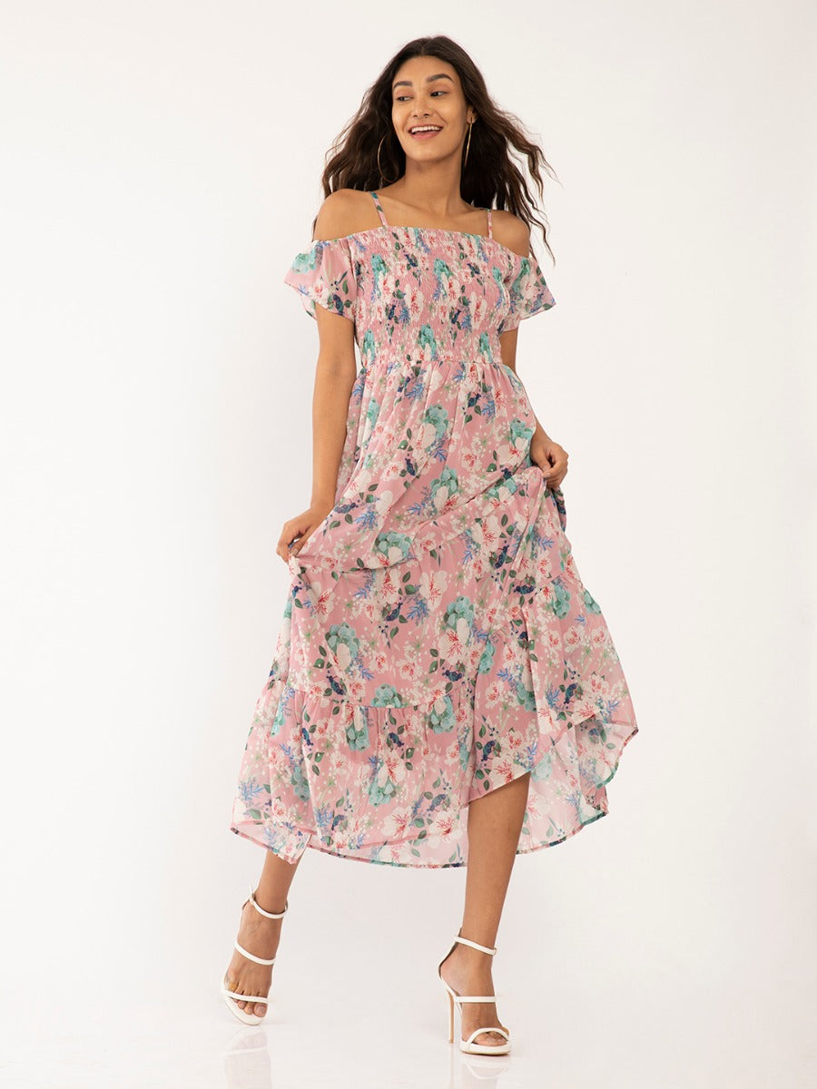 Pink Floral Print Fit & Flare Maxi Dress
