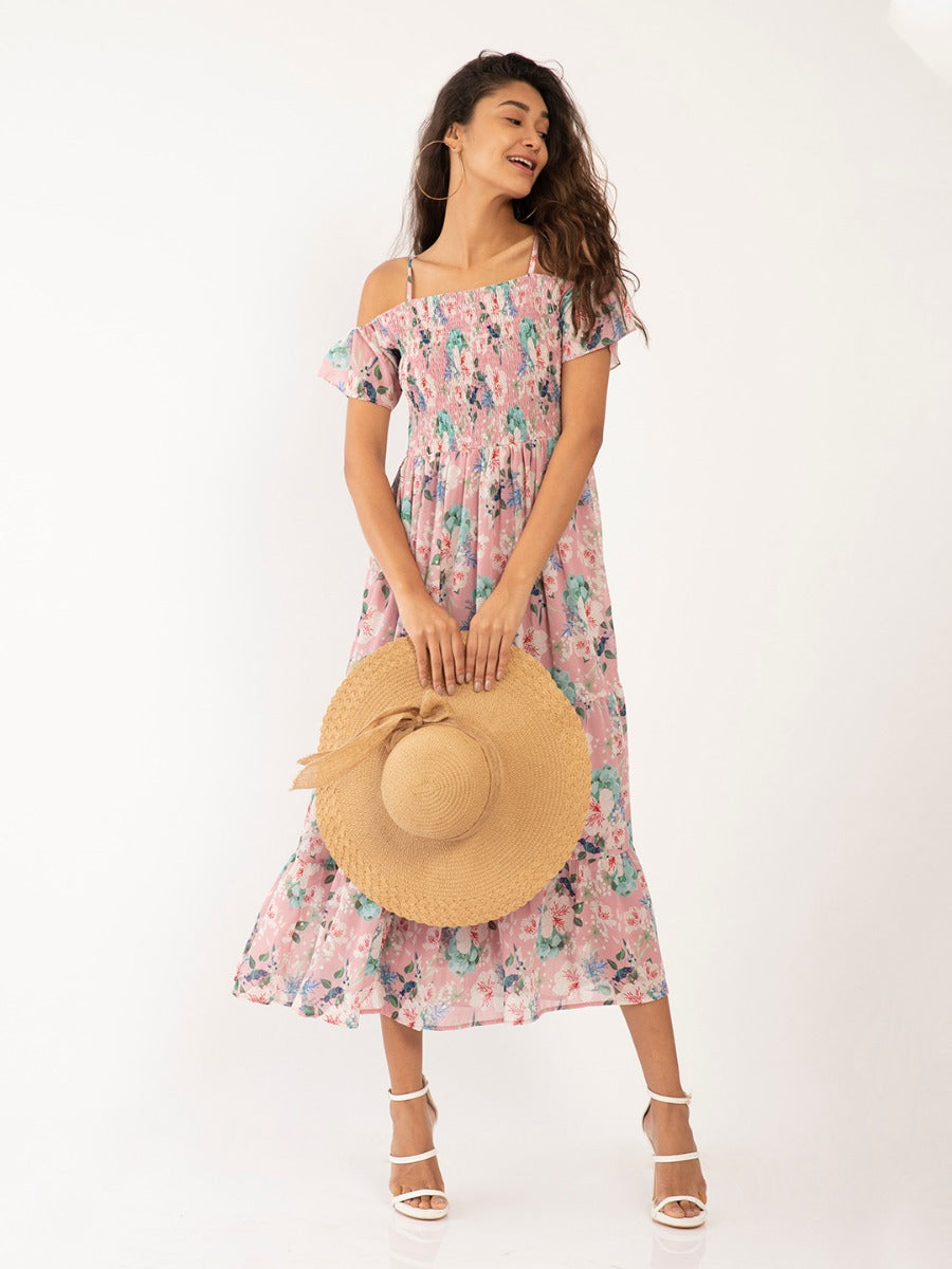 Pink Floral Print Fit & Flare Maxi Dress
