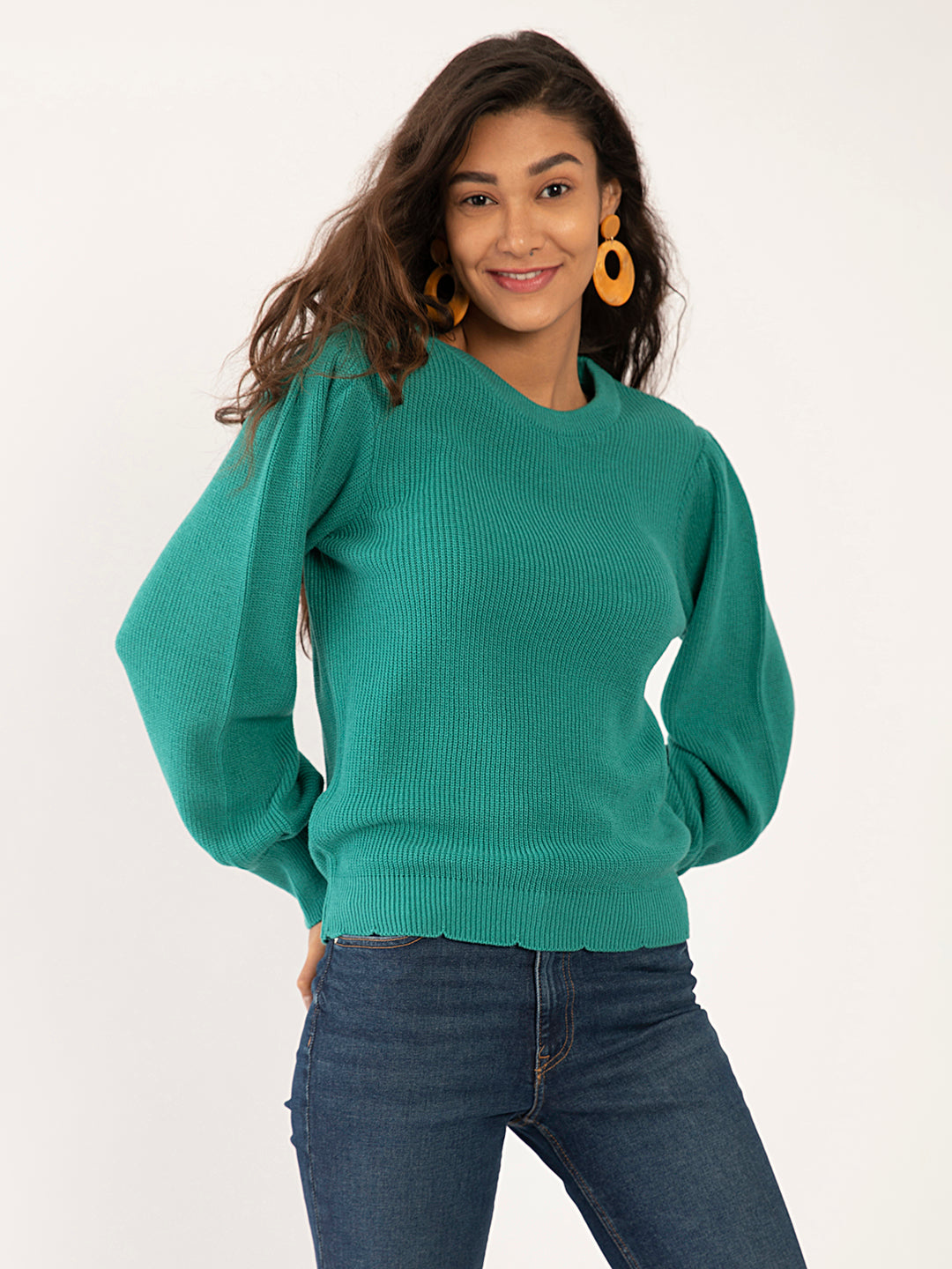 Green Solid Regular Sweaters