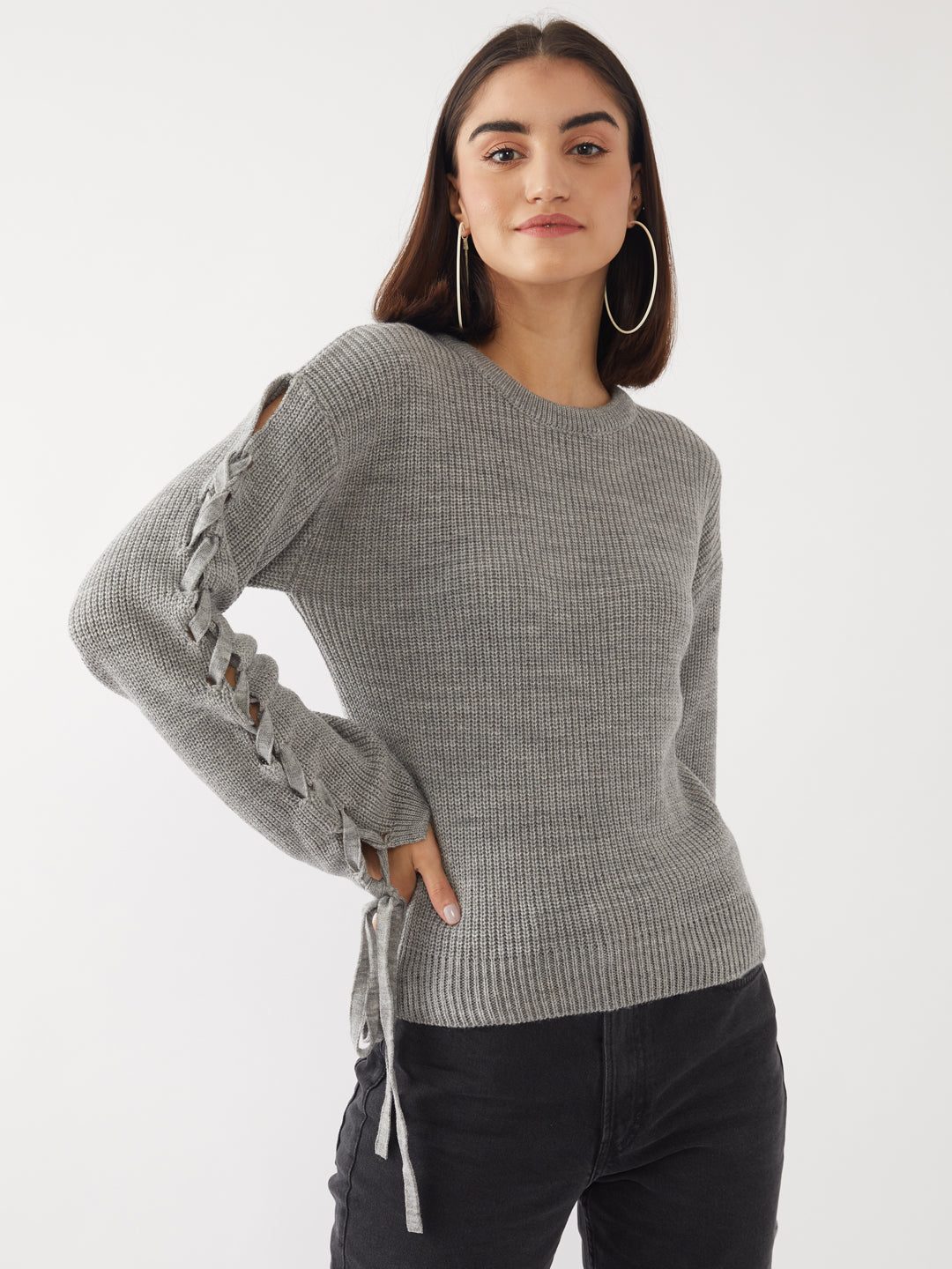 Grey Solid Tie-Up Sweater