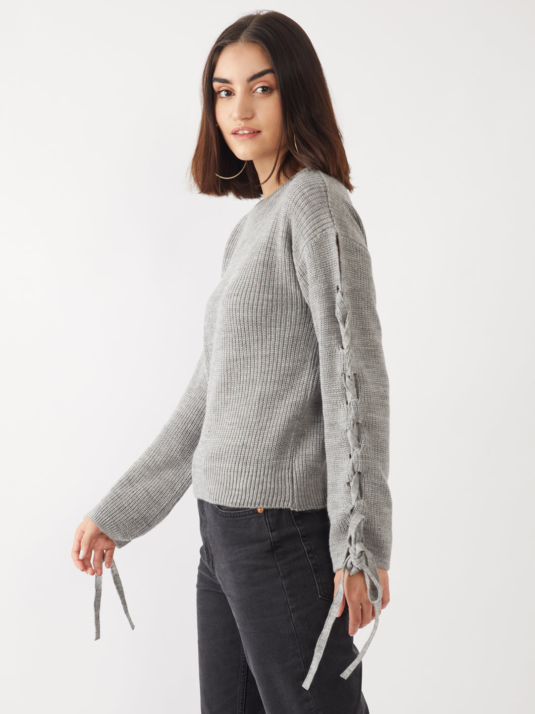 Grey Solid Tie-Up Sweater
