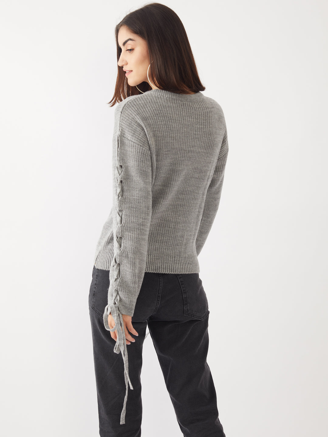 Grey Solid Tie-Up Sweater