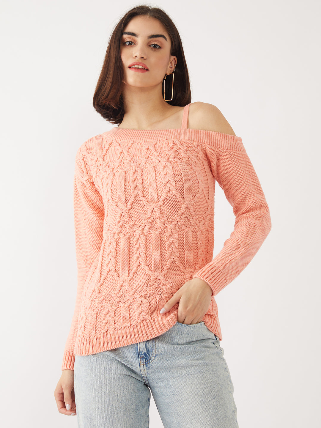 Peach Solid One Shoulder Sweater For Women
