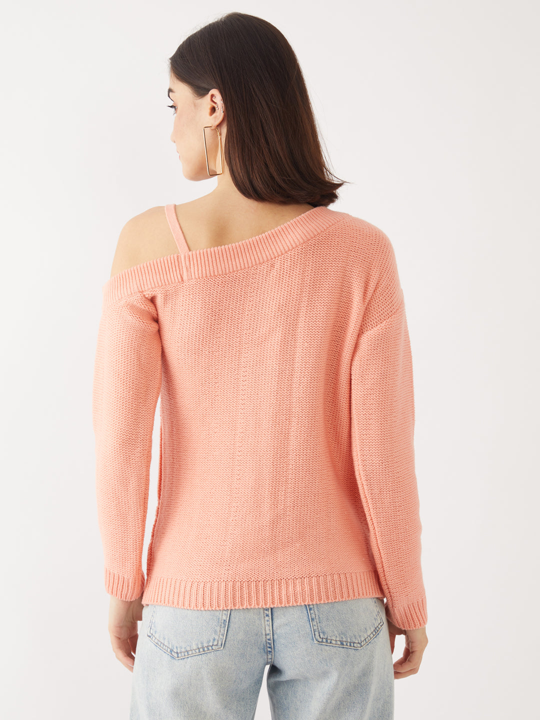 Peach Solid One Shoulder Sweater