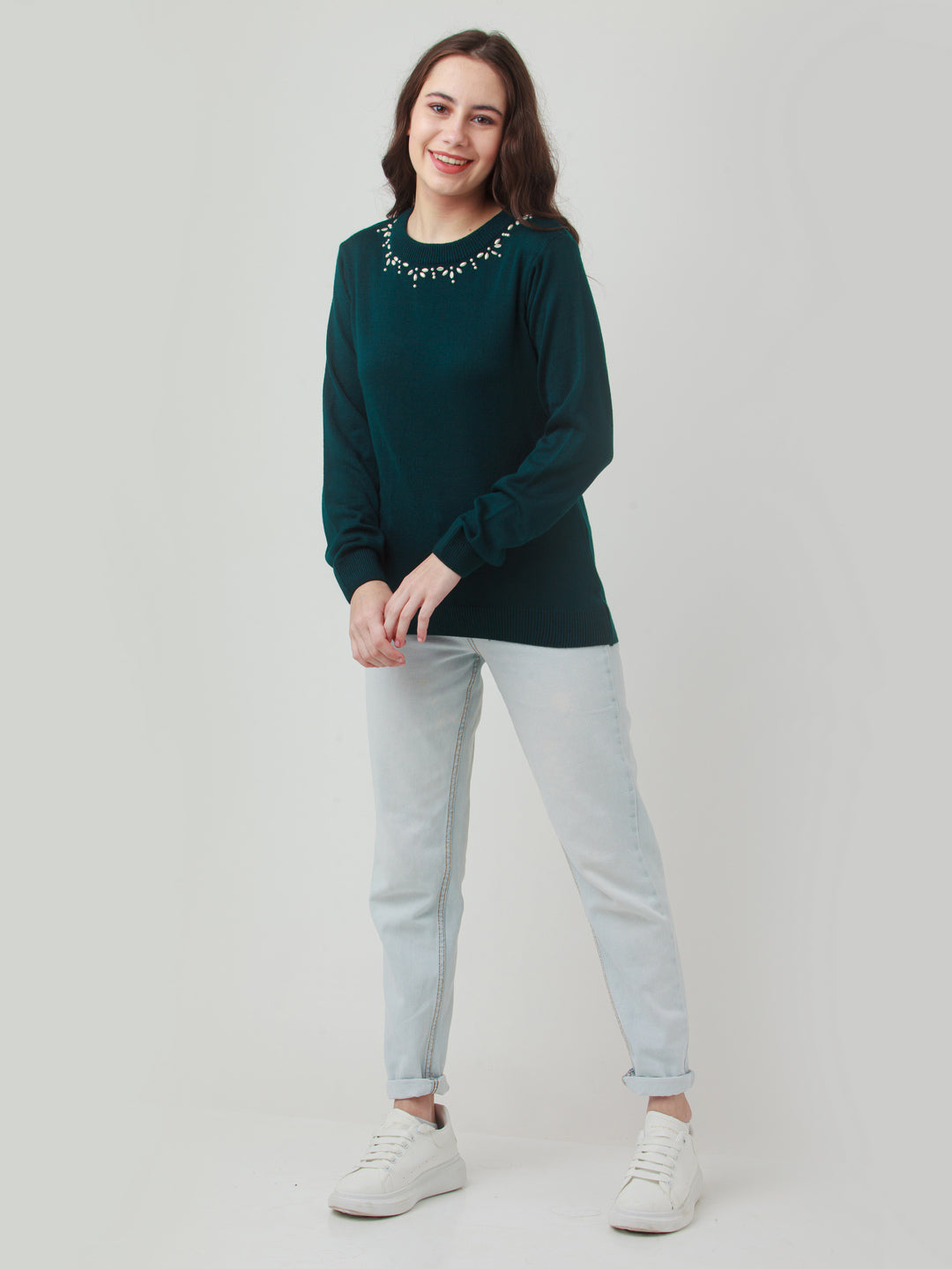 Green Embroidered Straight Sweater
