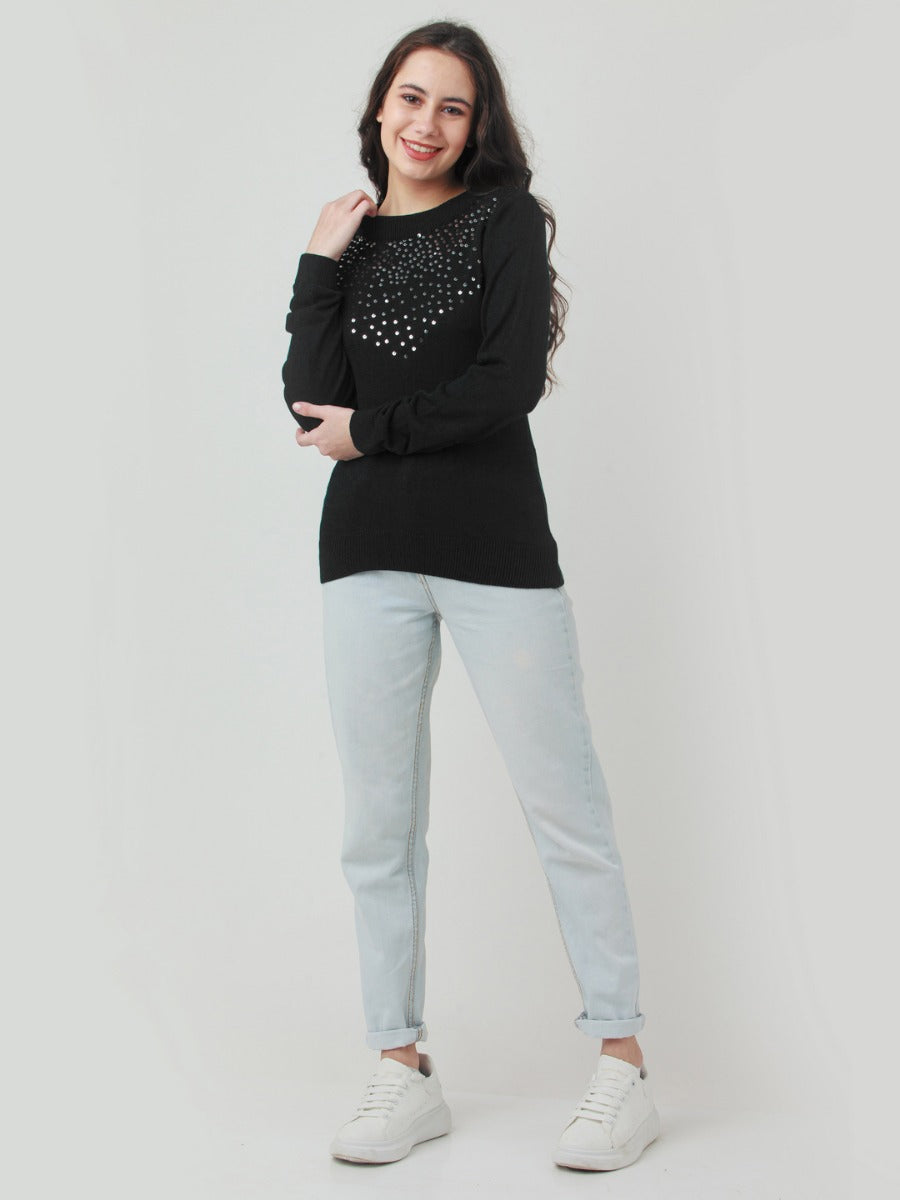 Black Embroidered Straight Sweater