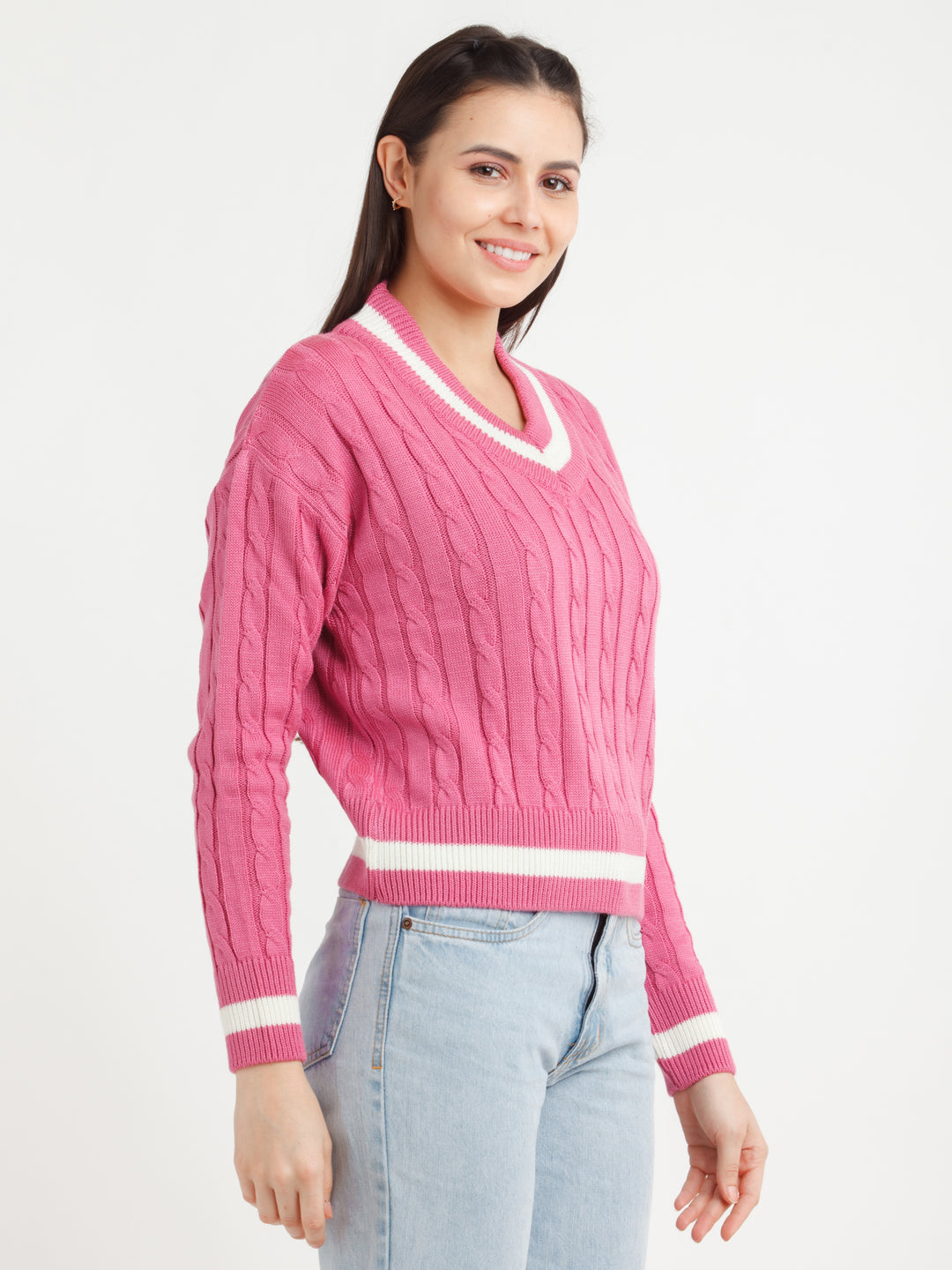 Pink Striped Sweater For Women