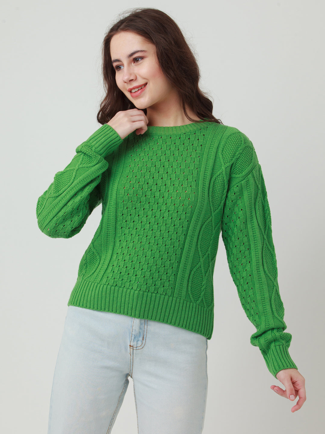 Green Solid Cropped Sweater For Women