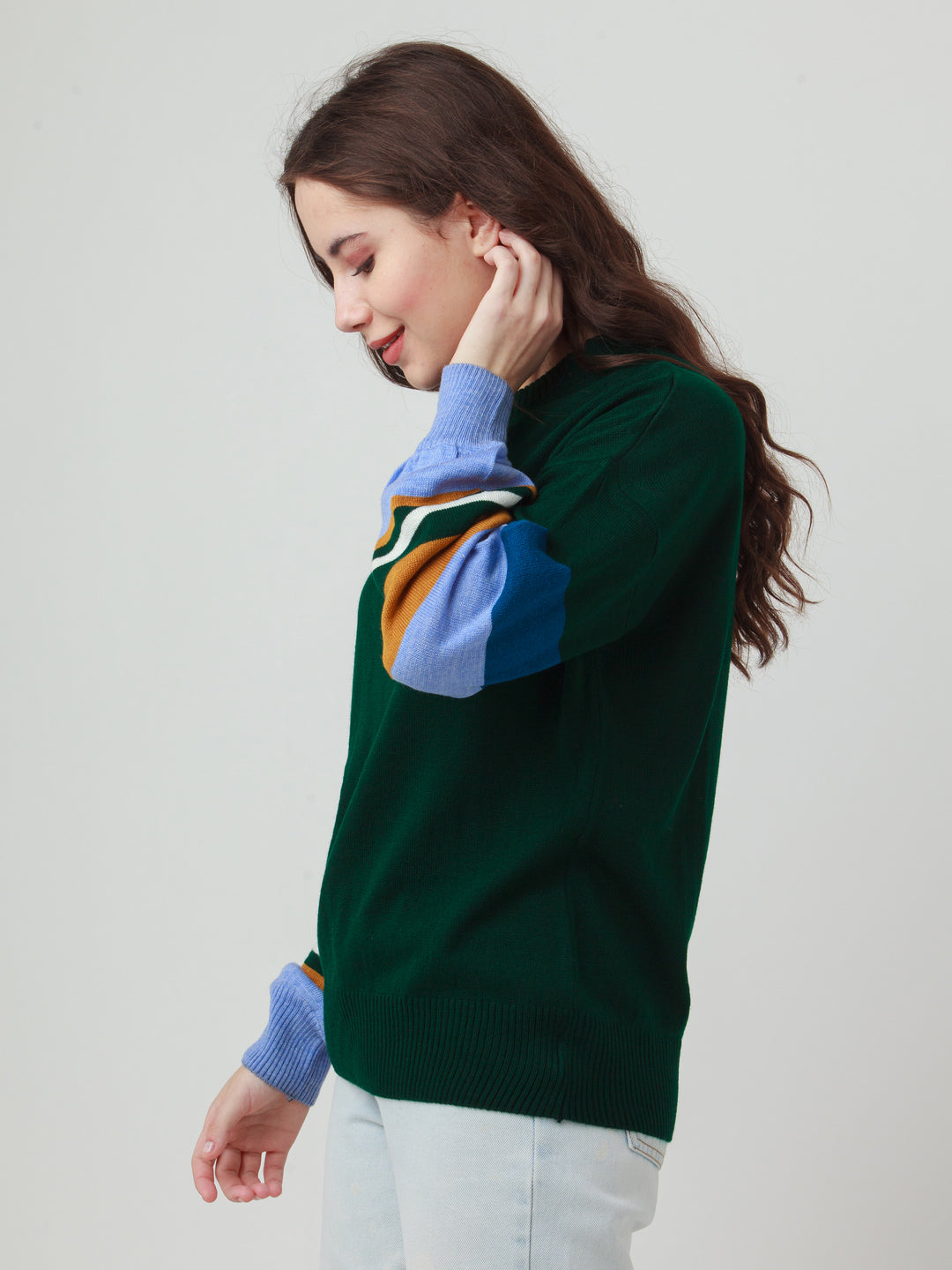 Multicolor Solid Puff Sleeve Sweater For Women
