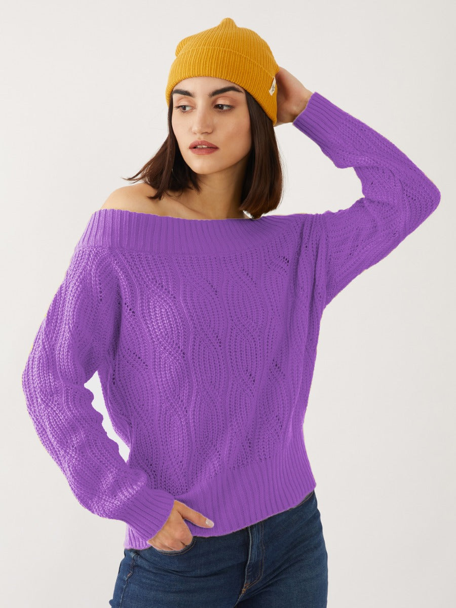 Purple Solid Off-shoulder Sweater