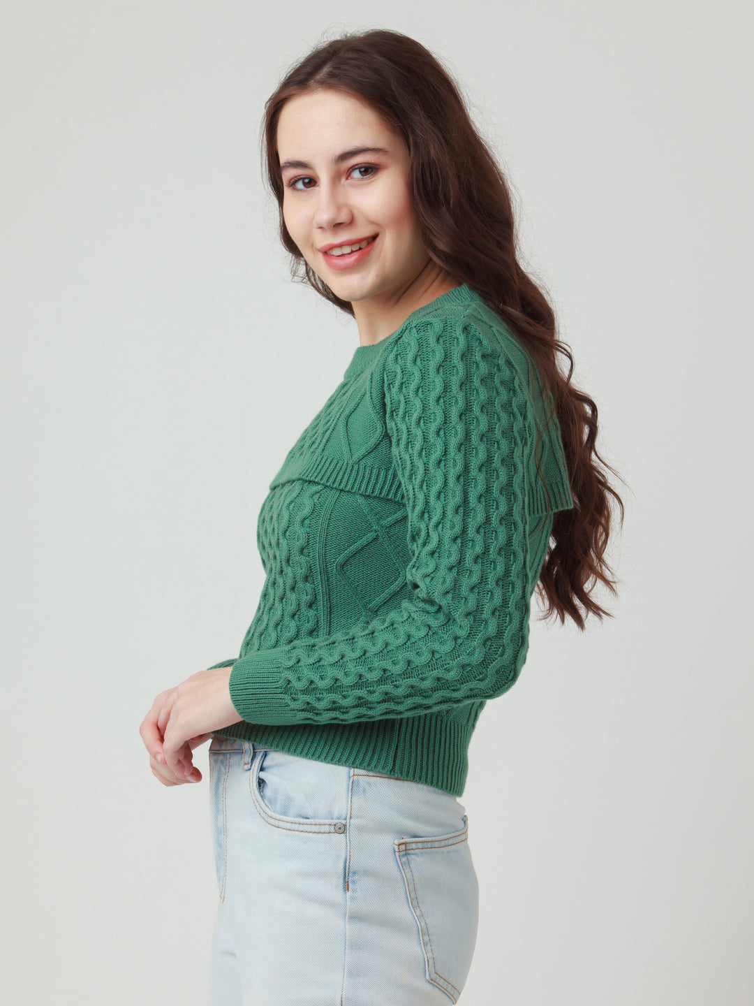 Green Solid Cut Out Sweater For Women
