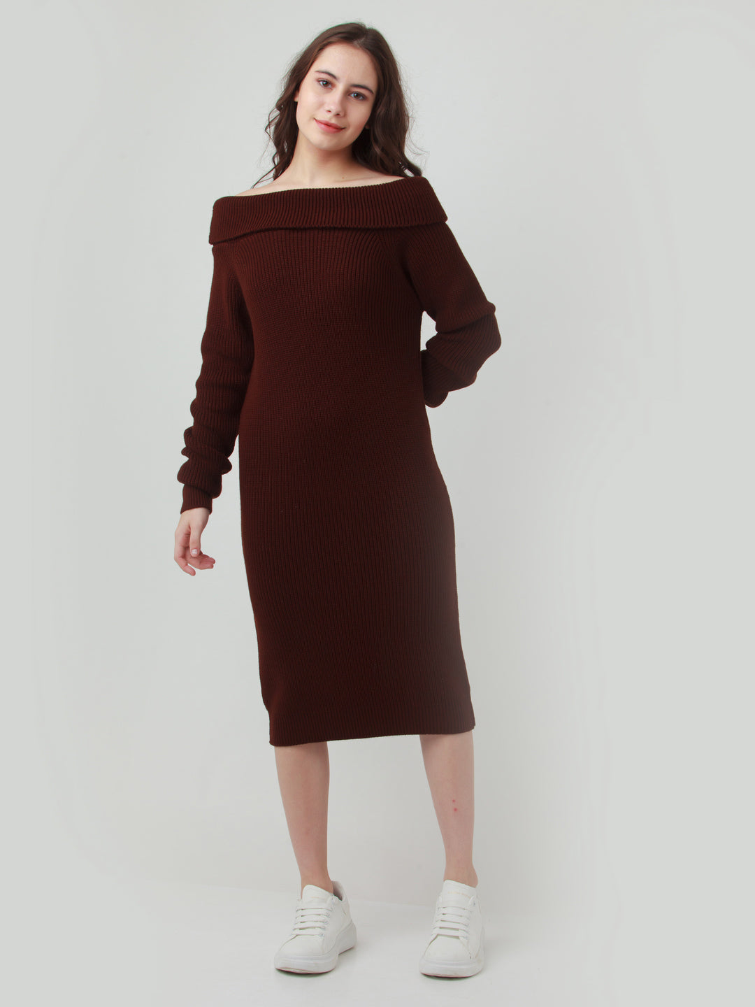 Brown Solid Offhoulder Sweater For Women