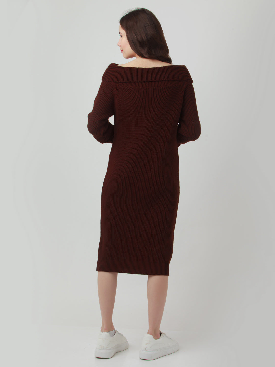 Brown Solid Offhoulder Sweater For Women