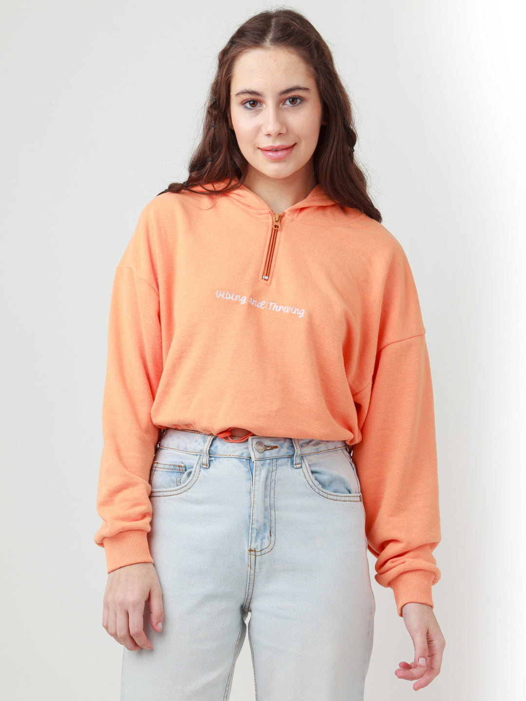Orange Solid Cropped Sweatshirt For Women