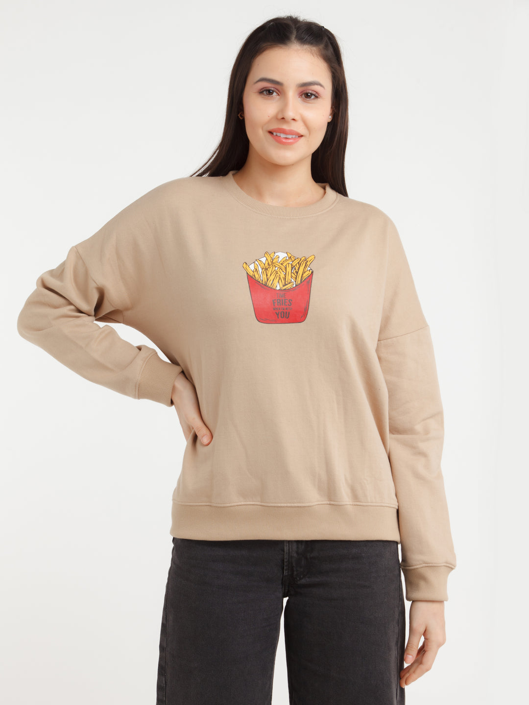 Beige Printed Sweatshirt For Women