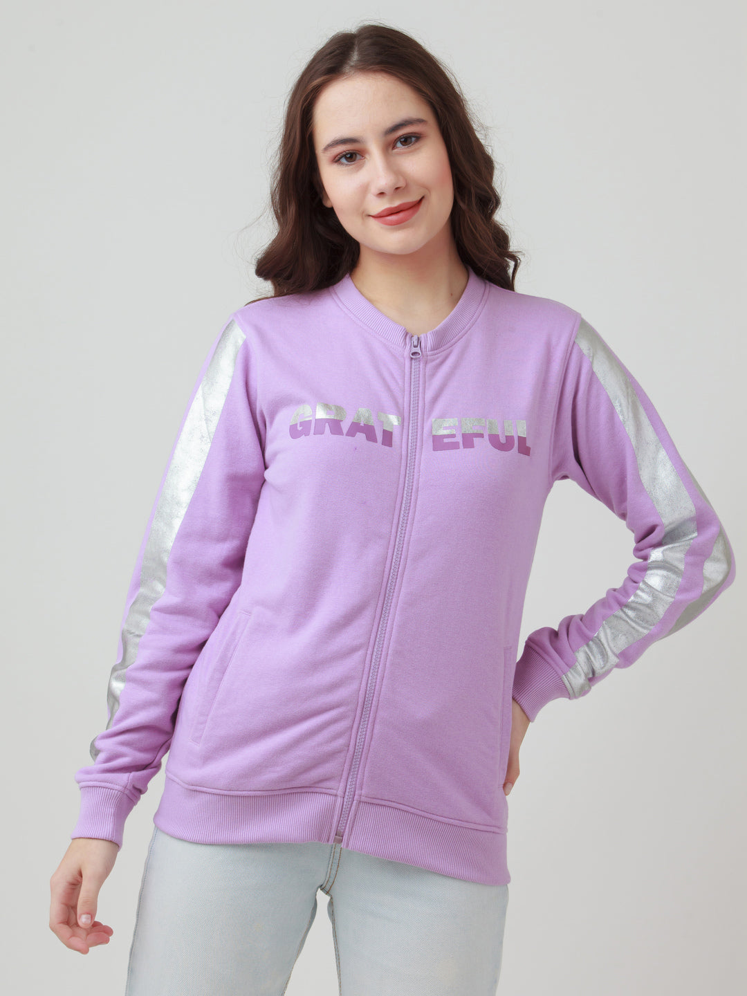 Purple Solid Straight Sweatshirt For Women
