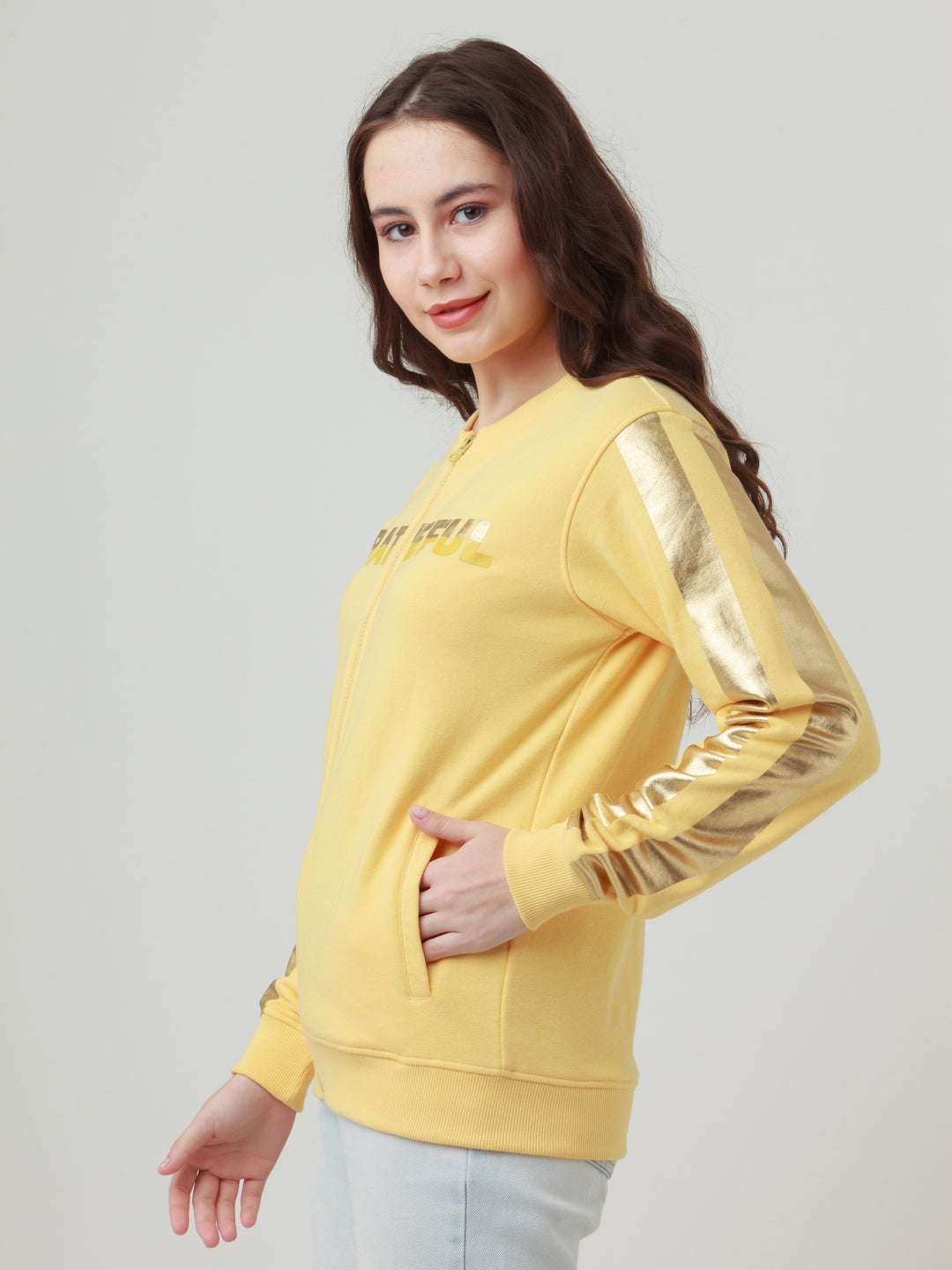 Yellow Solid Straight Sweatshirt For Women