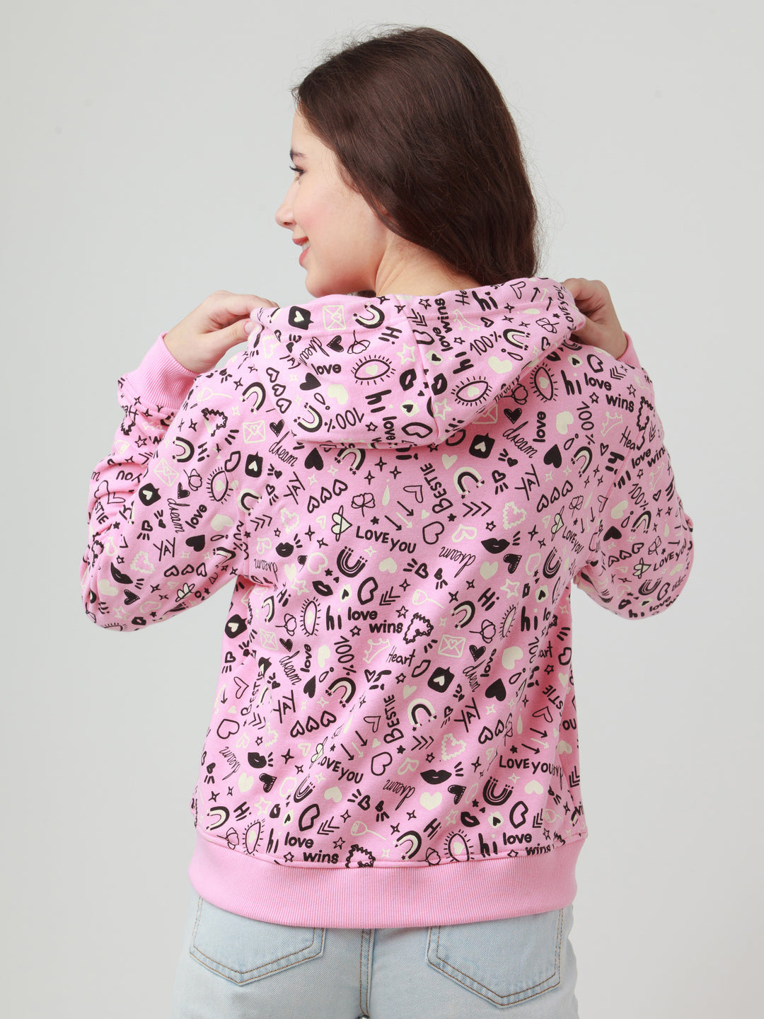 Pink Printed Hoodie Sweatshirt For Women