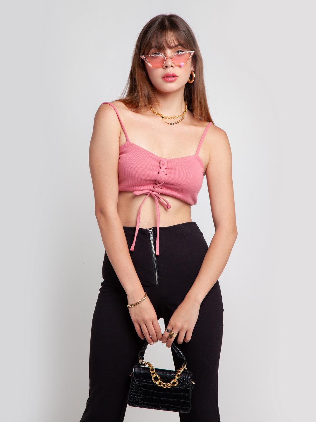Pink Solid Strappy Crop Top For Women