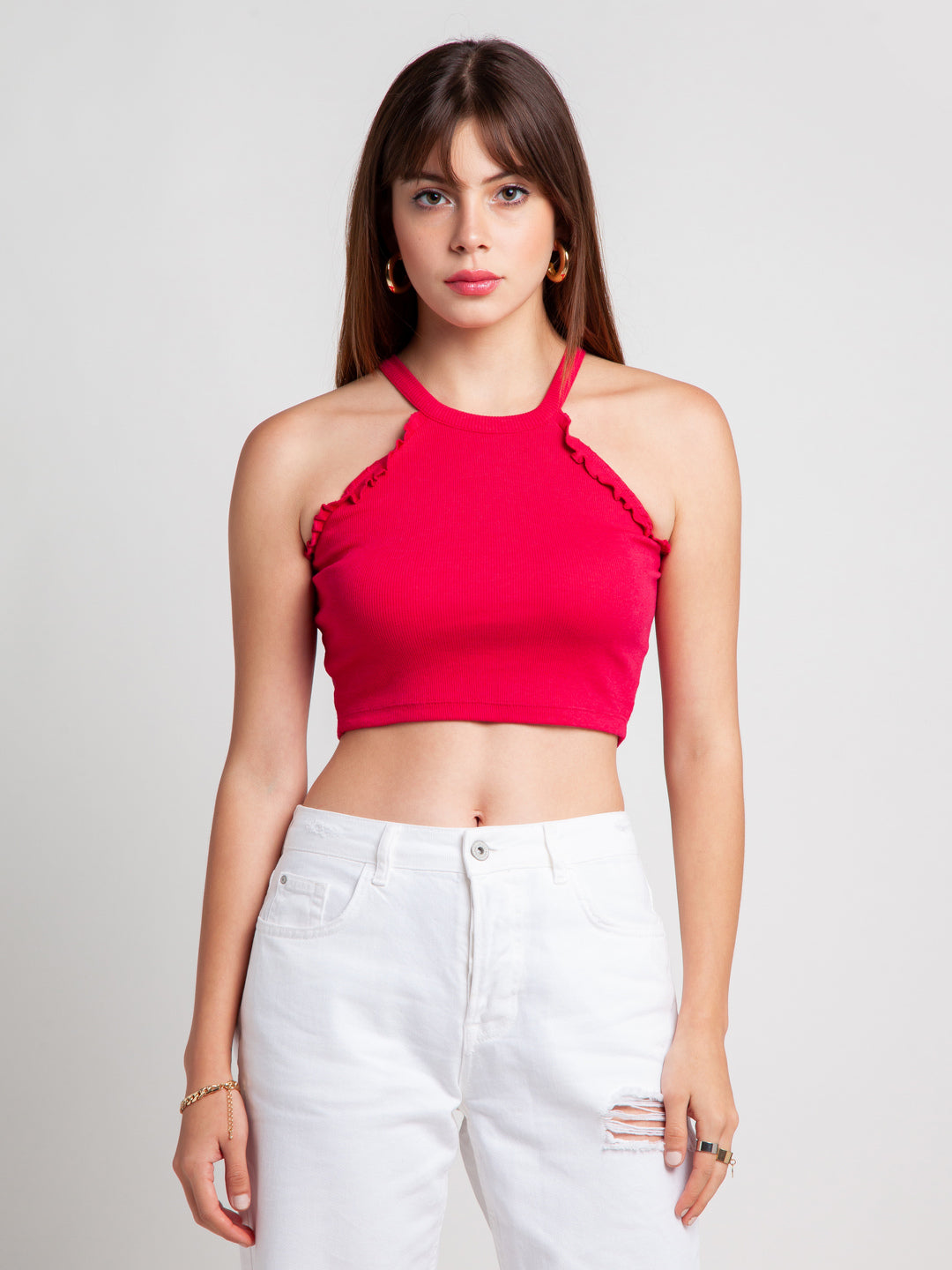 Pink Solid Ruffled Crop Top For Women