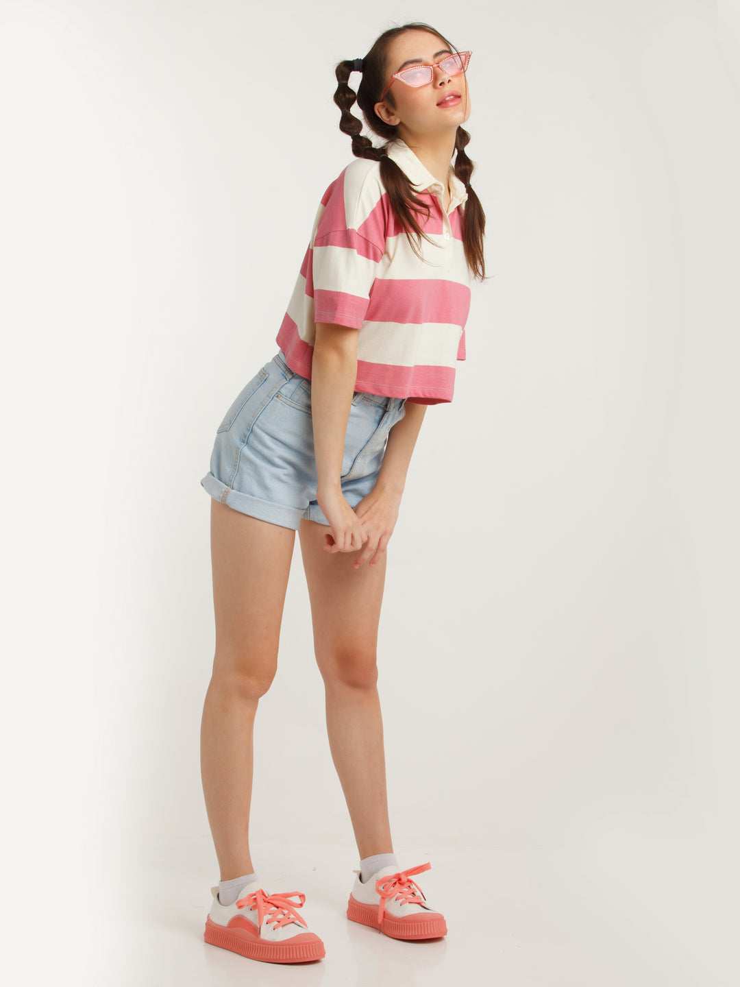 Off-White & Pink Striped Cropped T-Shirt For Women