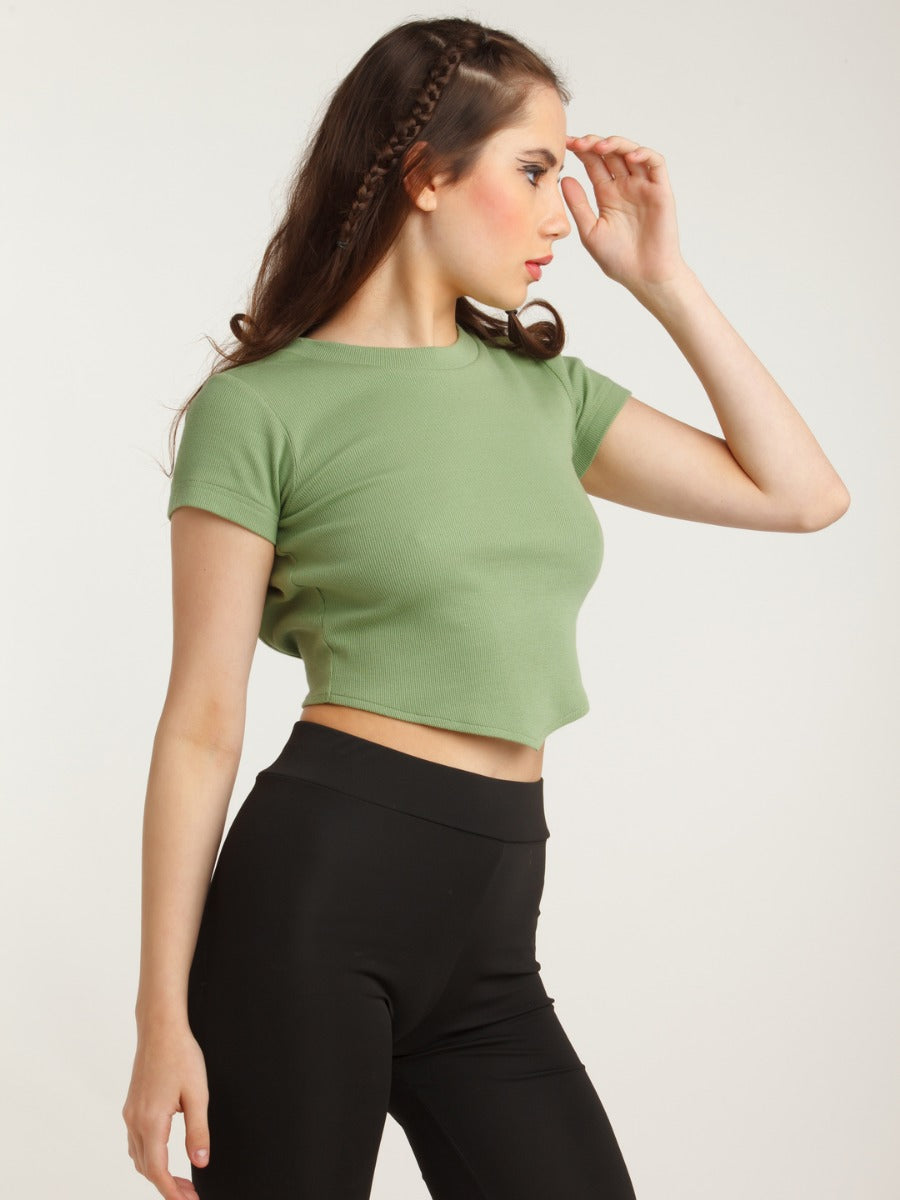 Green Solid Cut Out Top For Women