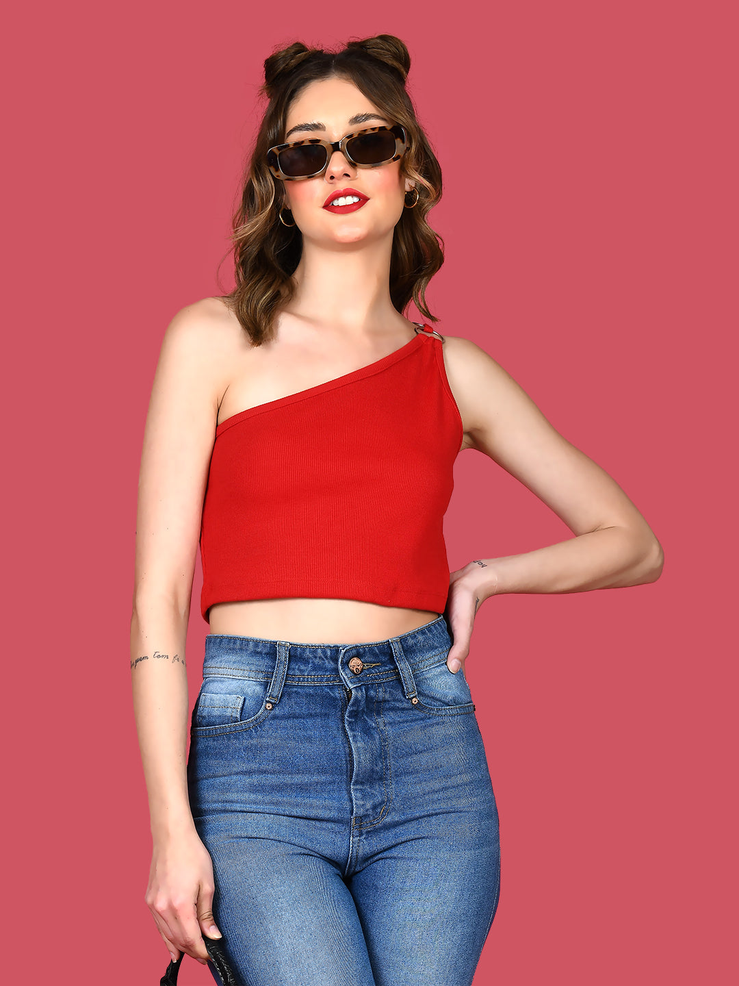 Red Solid Off Shoulder Crop Top For Women