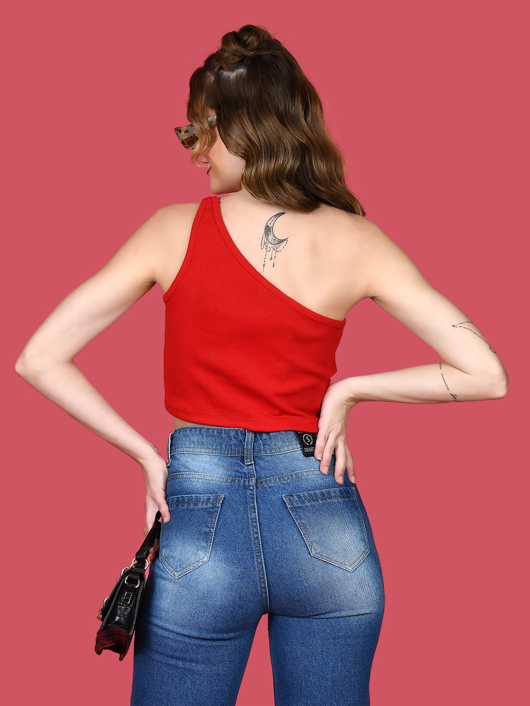 Red Solid Off Shoulder Crop Top For Women