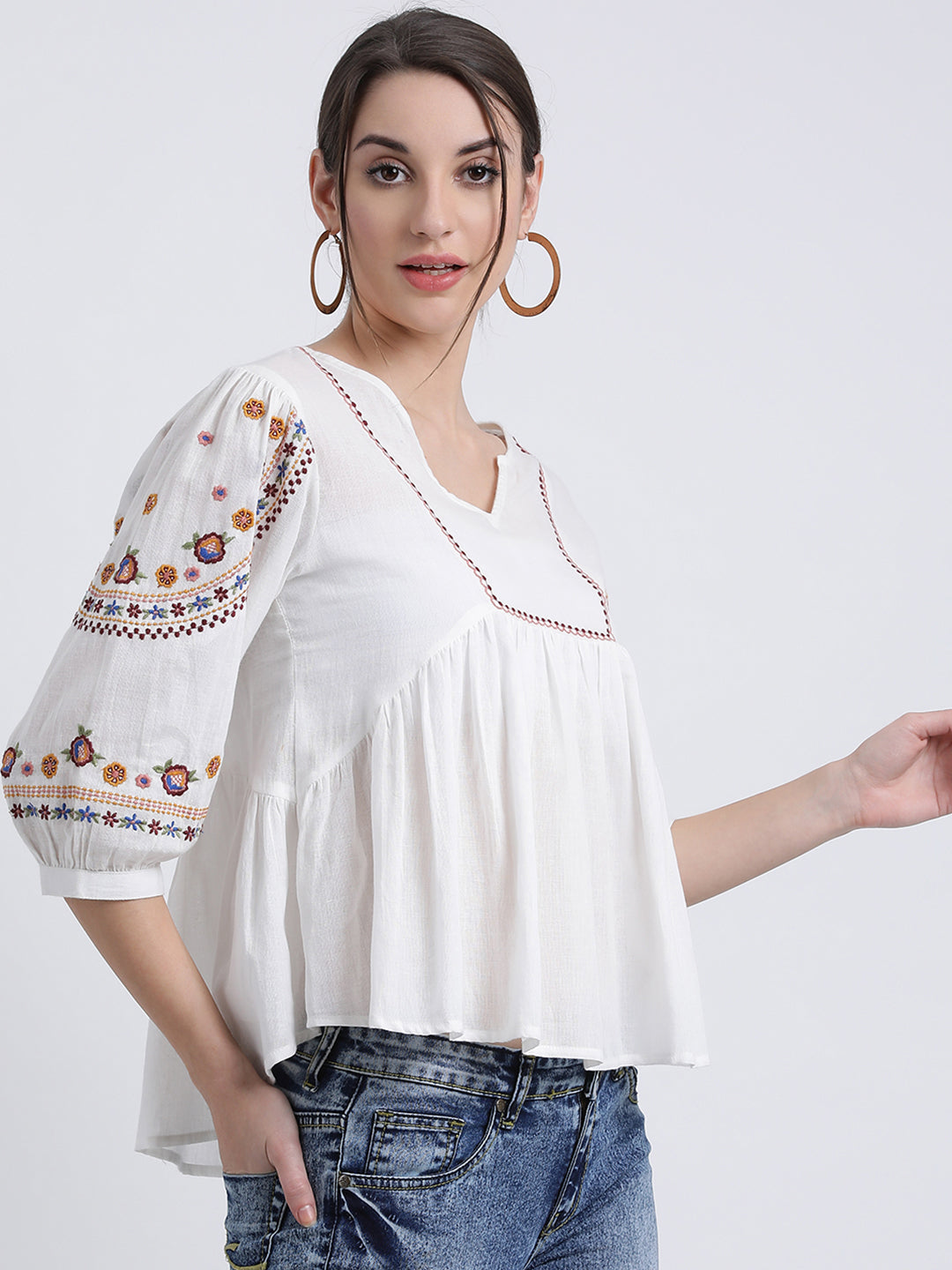 White Solid Peplum Top