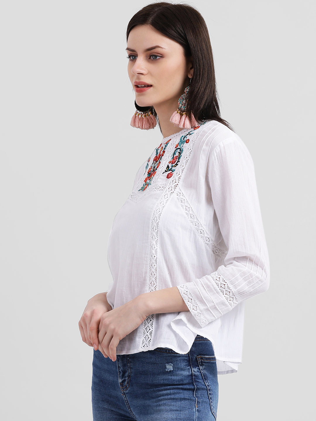 White Embroidered Regular Top