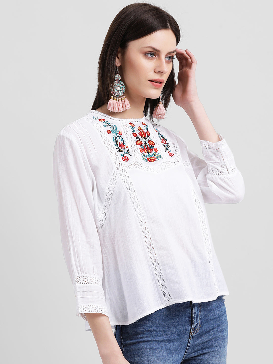 White Embroidered Regular Top