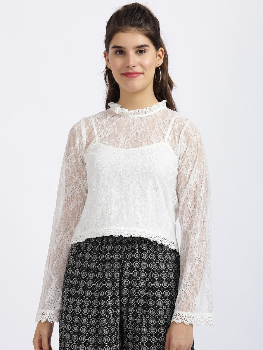 White Self Design Regular Top