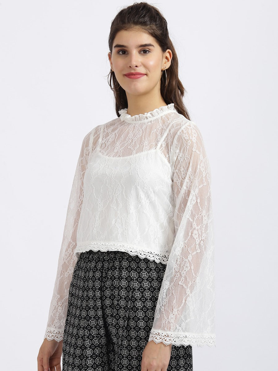 White Self Design Regular Top